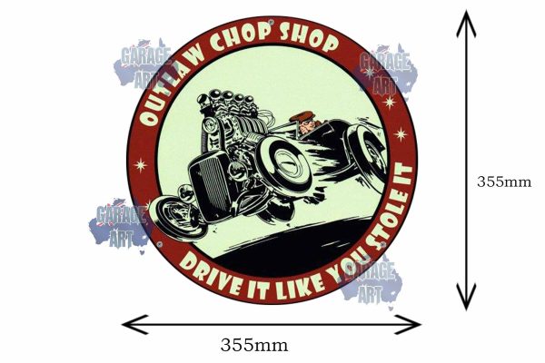 Outlaw Chop shop 355mmDia Tin Sign freeshipping - garageartaustralia
