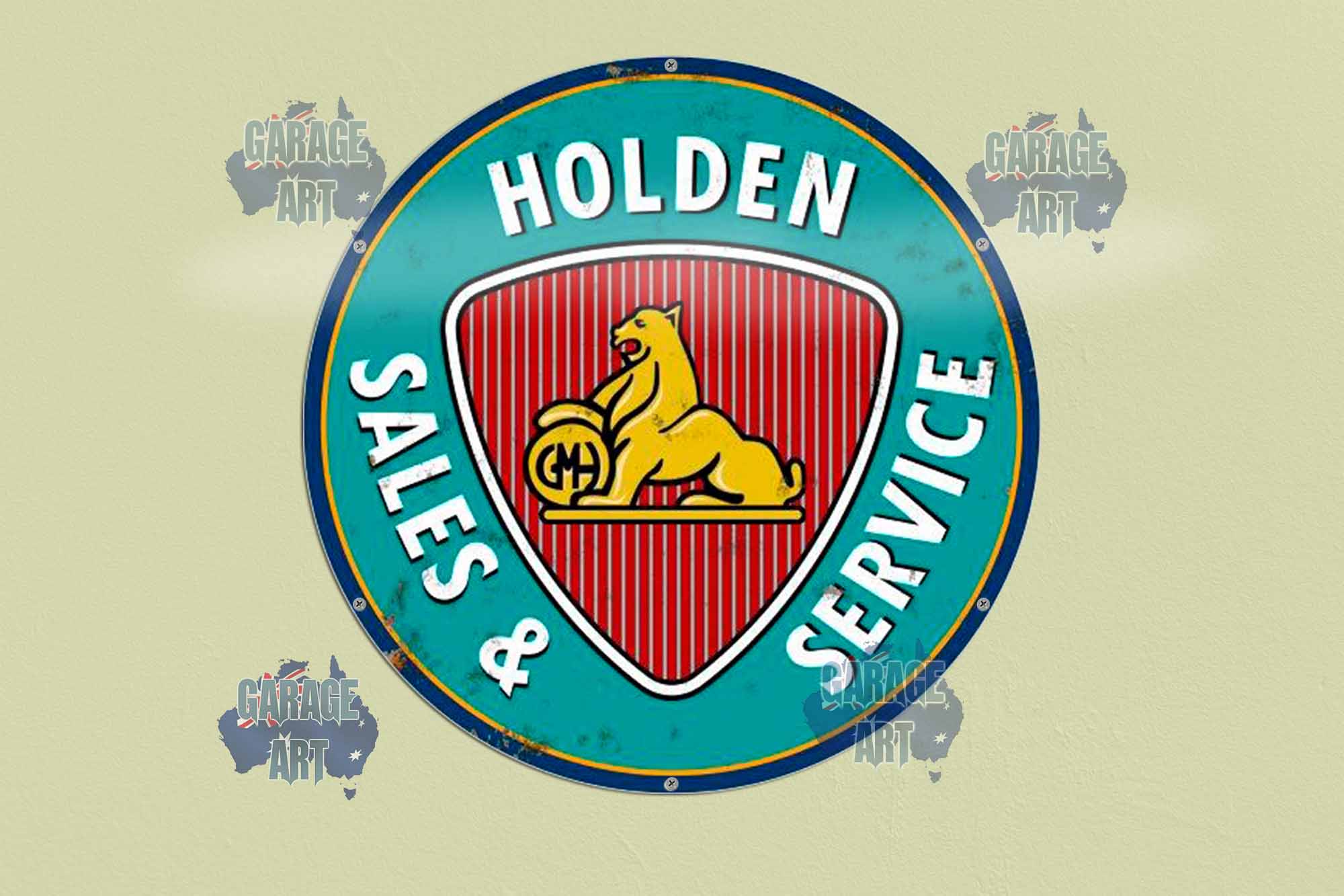 Holden Sales and Service Aqua Stressed 560Dia Tin Sign freeshipping - garageartaustralia