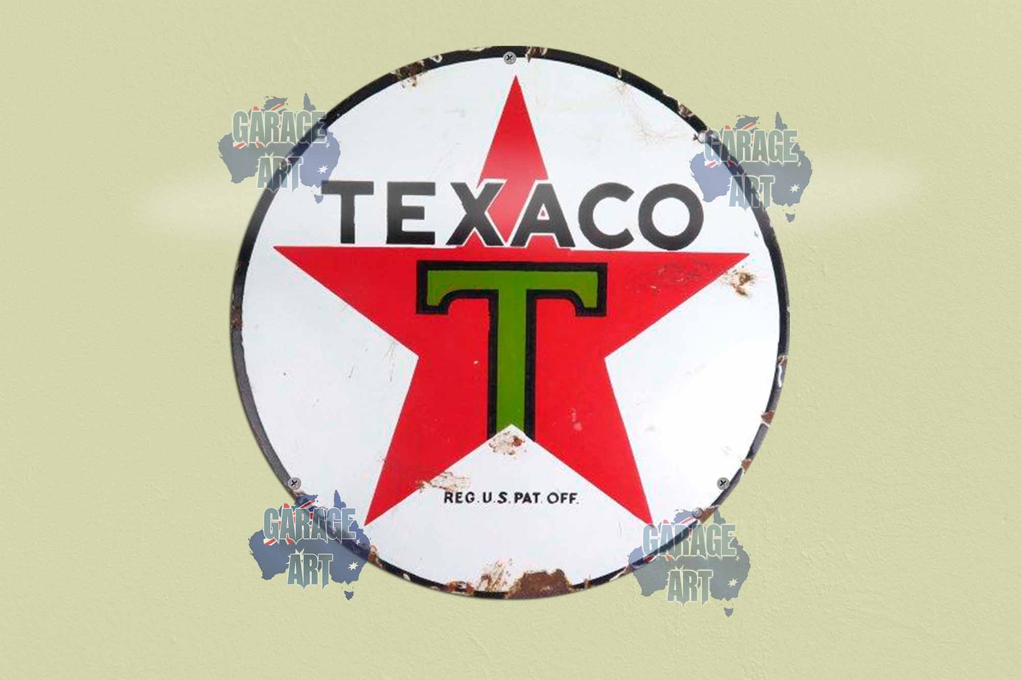 Texaco Old Logo Stressed 3D 355mmDIa Tin Sign freeshipping - garageartaustralia