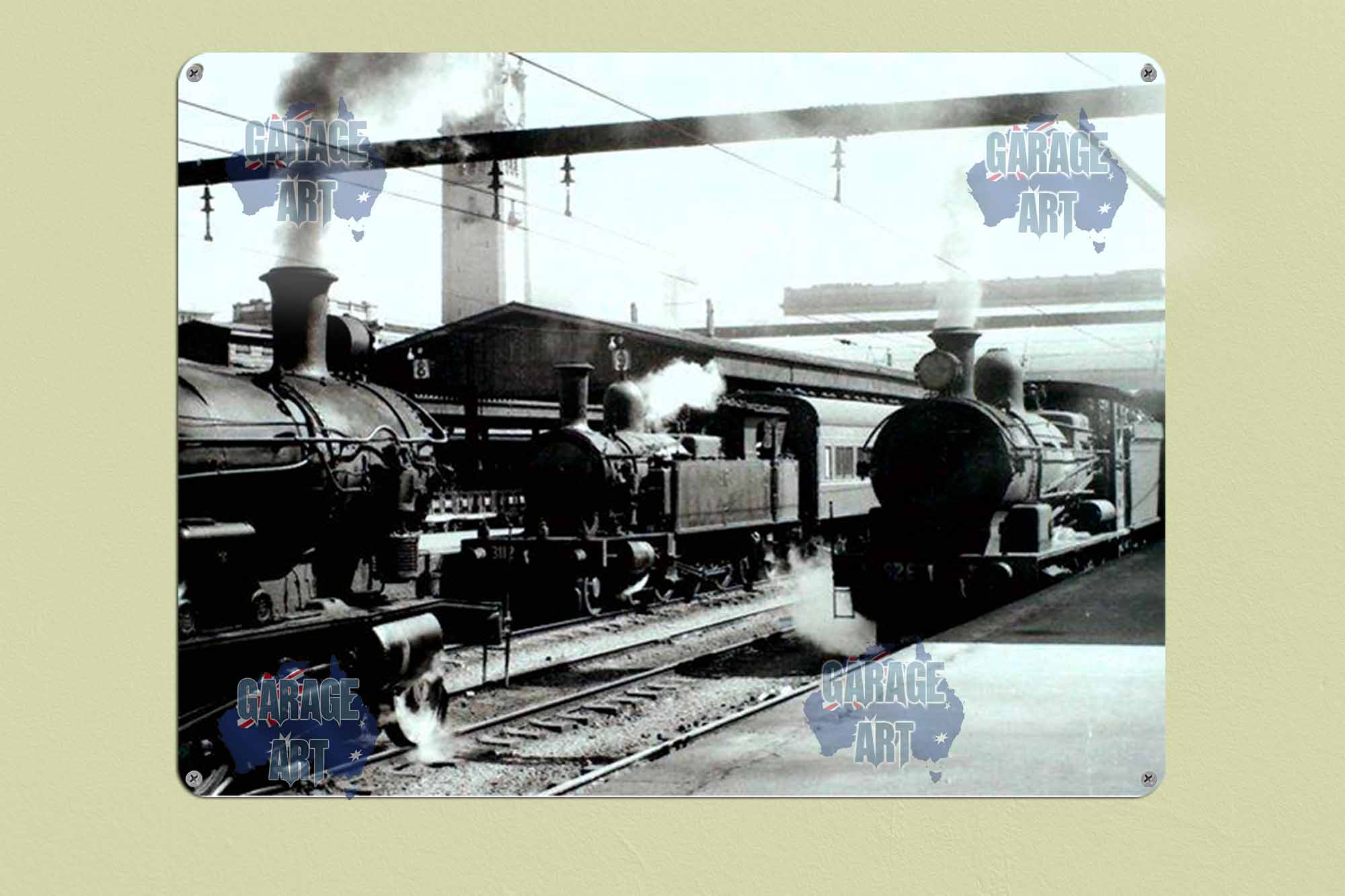 Steam Trains Passing at the Station Tin Sign freeshipping - garageartaustralia