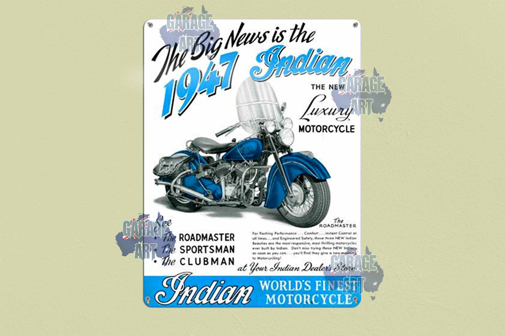 1947 Indian Luxury Motorcycle Tin Sign freeshipping - garageartaustralia