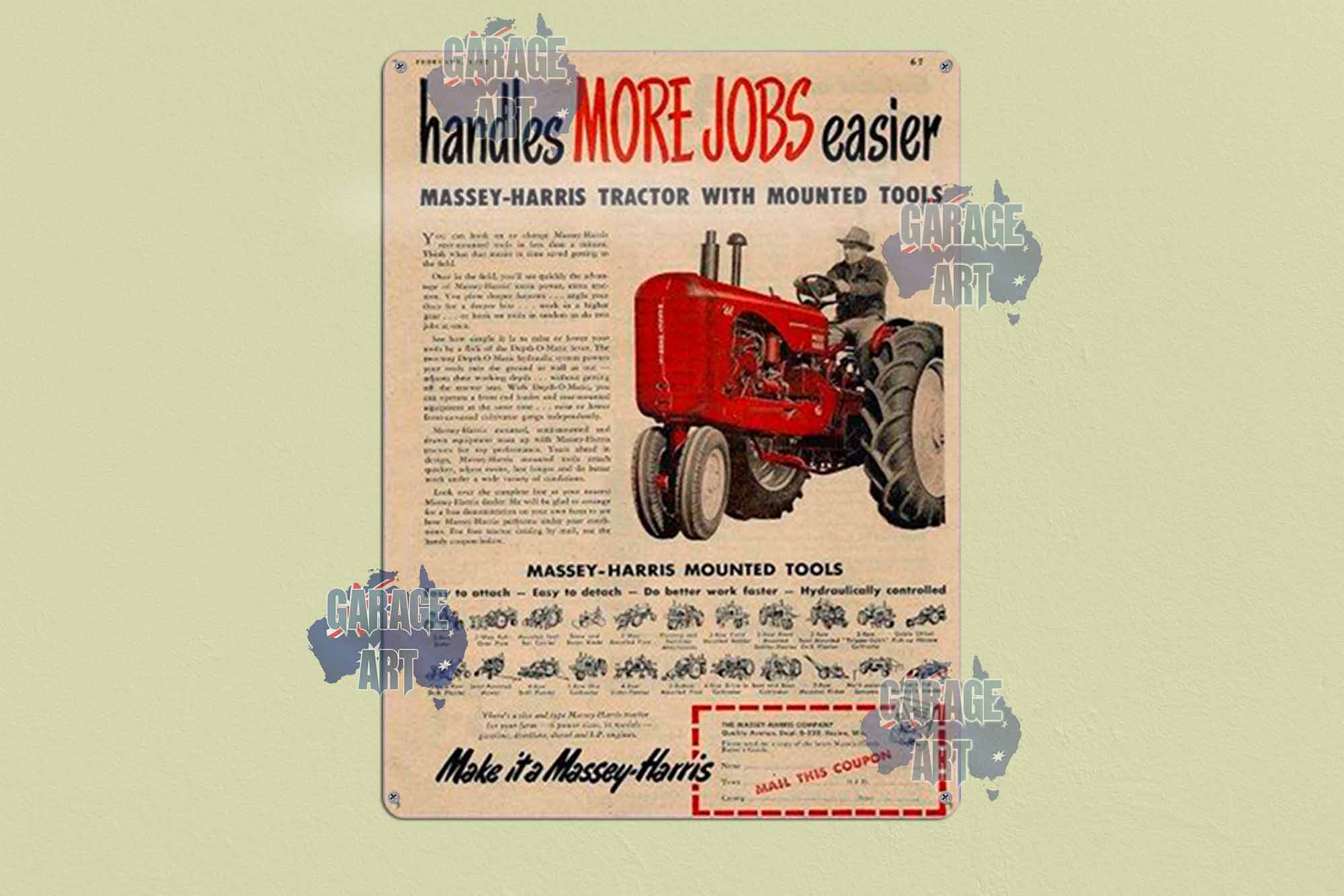 Massey-Harris Handle More Jobs Tin Sign freeshipping - garageartaustralia