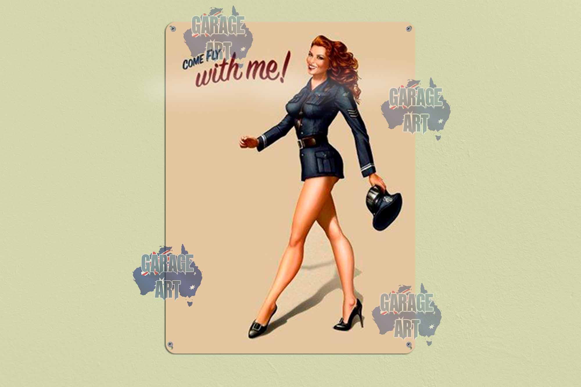 Fly with Me Pinup Tin Sign freeshipping - garageartaustralia