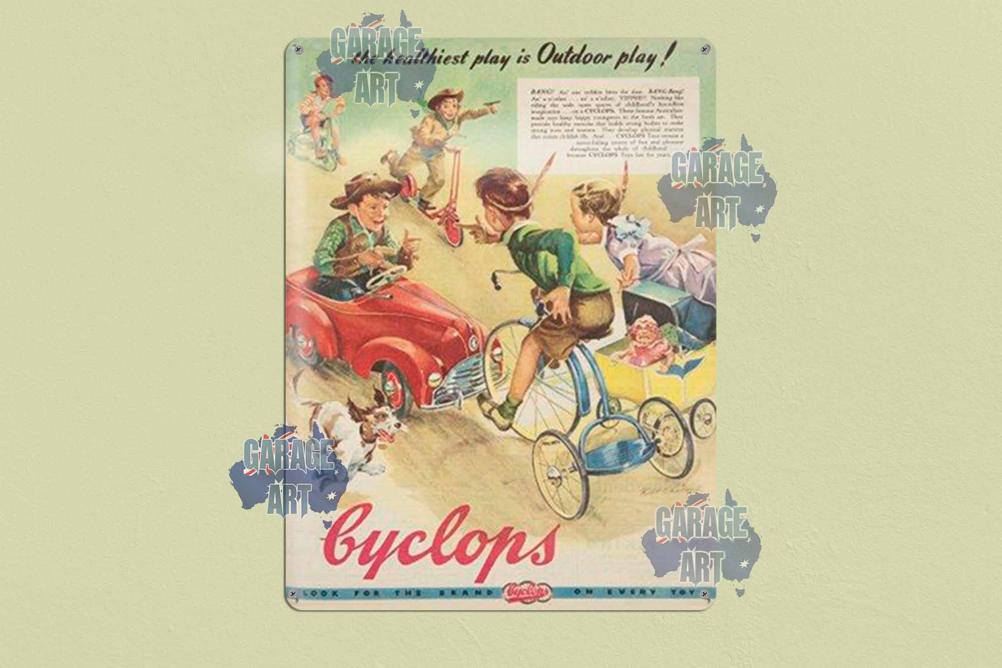 Cyclops Bikes Scooters and Pedal Cars Tin Sign freeshipping - garageartaustralia