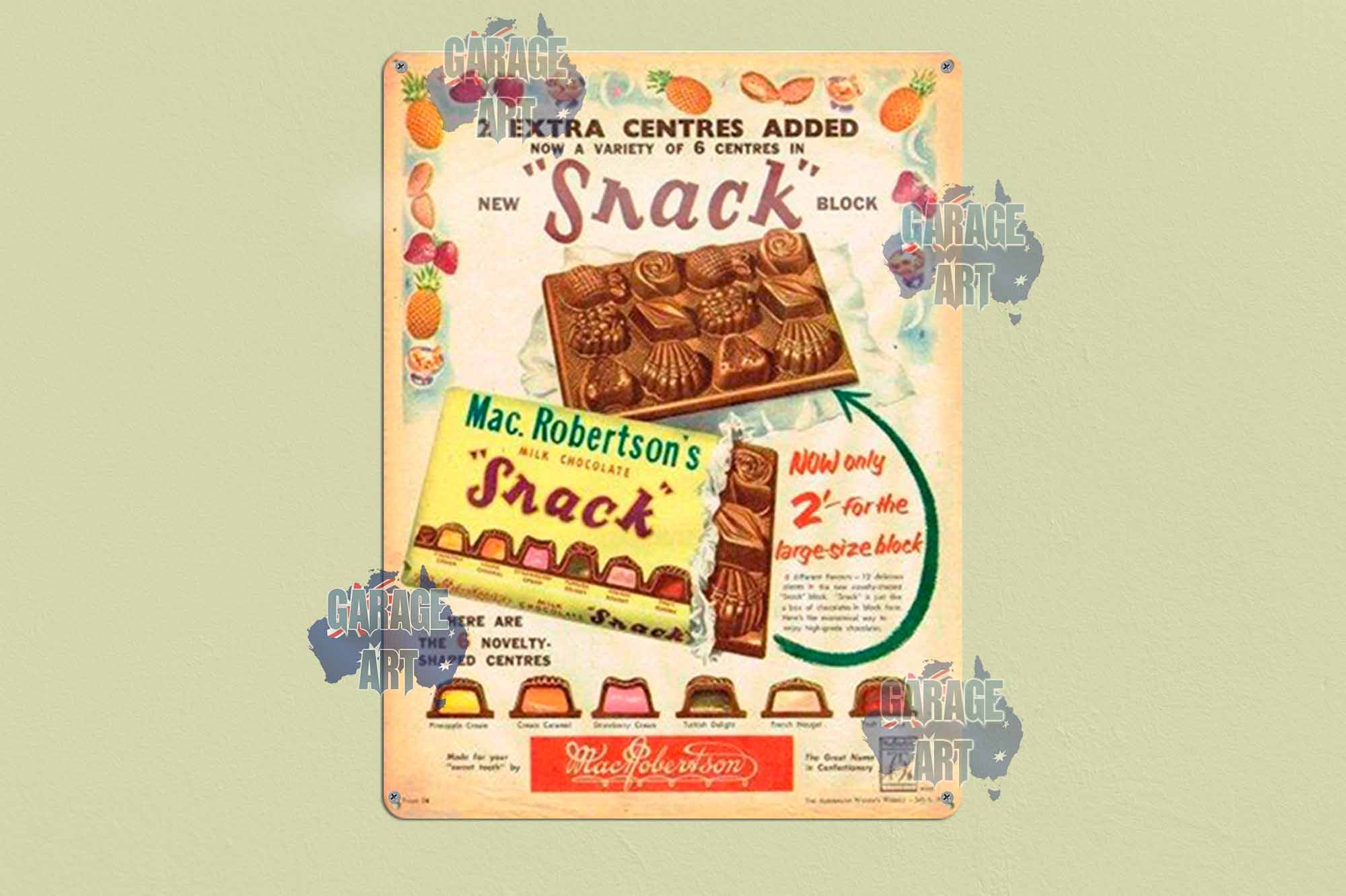 MacRobertson Snack Chocolate 1955 Advertisement Tin Sign freeshipping - garageartaustralia