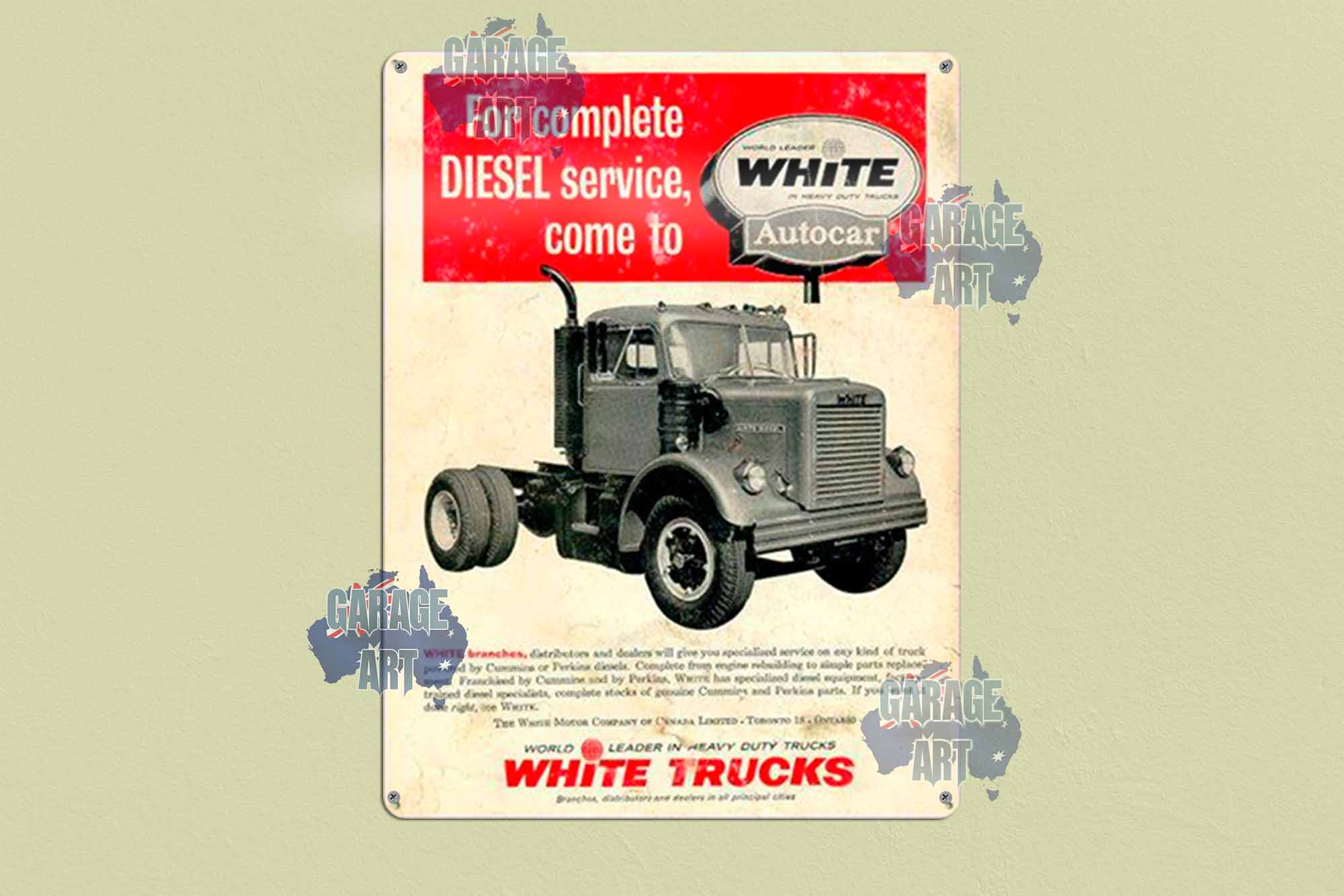 White and Autocar Truck Diesel Service Tin Sign