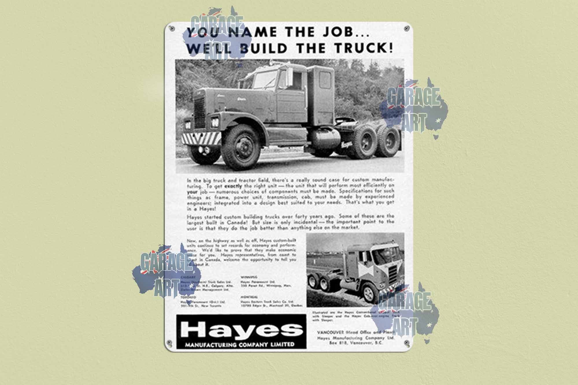 Hayes Truck You Name The Job We Will Build the Truck Tin Sign freeshipping - garageartaustralia