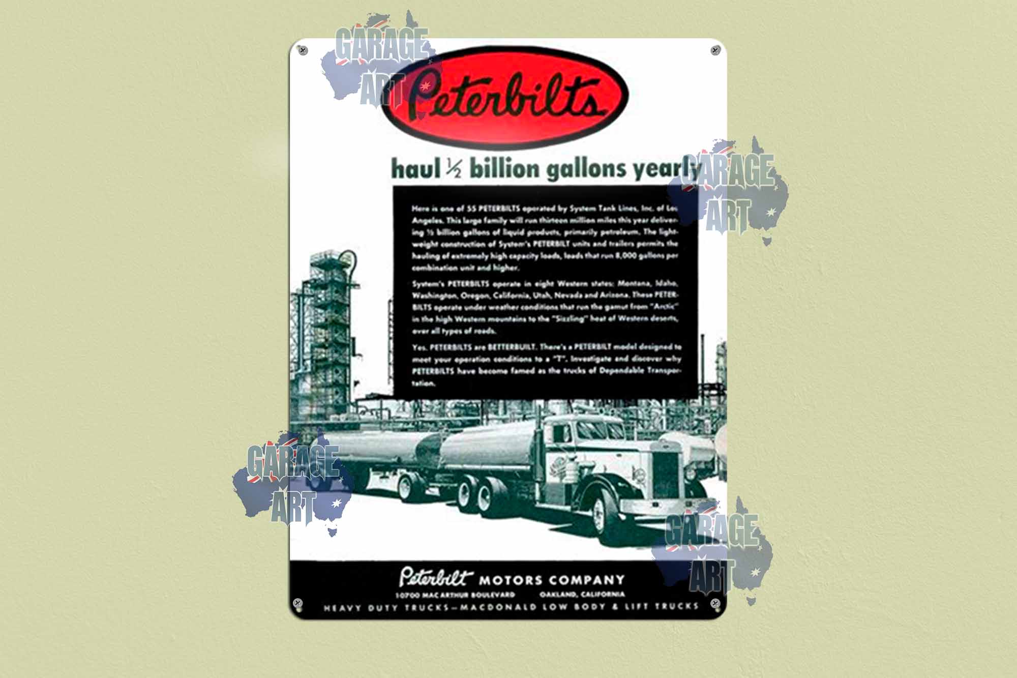 Peterbilt Trucks Haul Half a Billion Gallons Yearly Tin Sign freeshipping - garageartaustralia